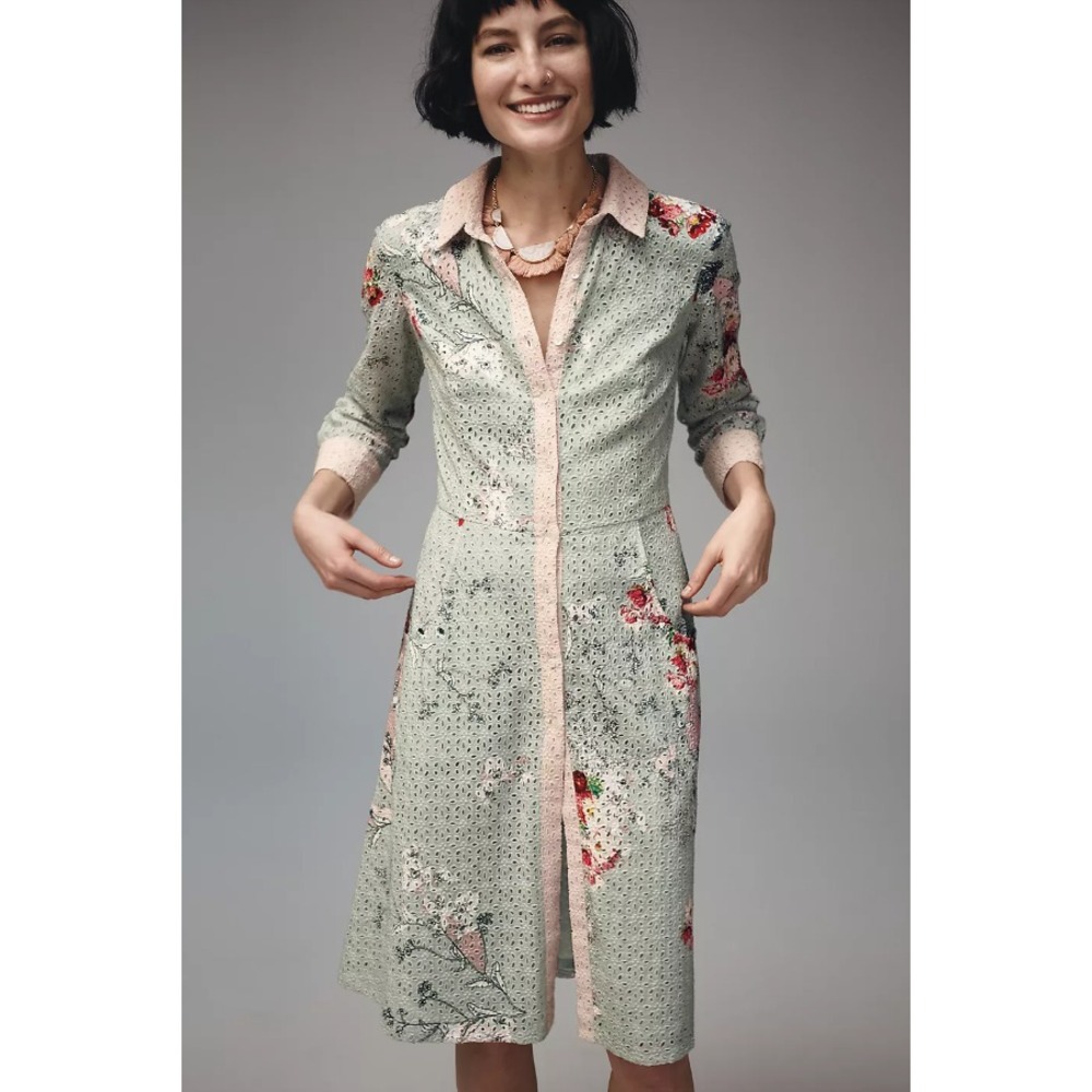 Varun Bahl Anthropologie Bloomed Eyelet Shirtdress Button Front Green Motif Sz 2